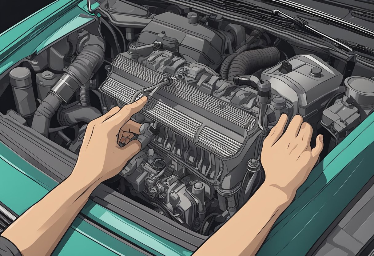 A hand reaching into the engine compartment, pulling out a dirty air filter, and replacing it with a clean one. Tools and car parts scattered nearby