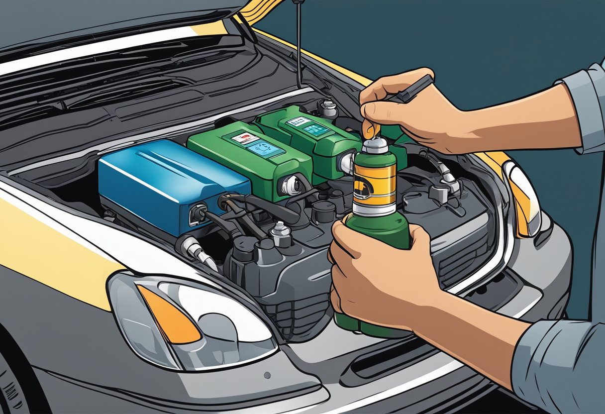 A person checking car battery fluid level with a flashlight and topping off with distilled water