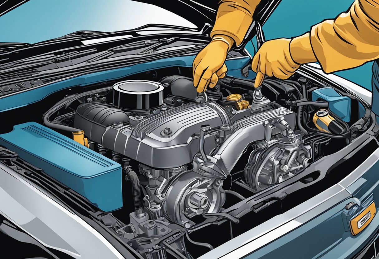 A car's engine bay with the hood open, showing the oil filter being unscrewed and removed by a pair of hands holding a wrench. A drain pan sits below to catch the old oil