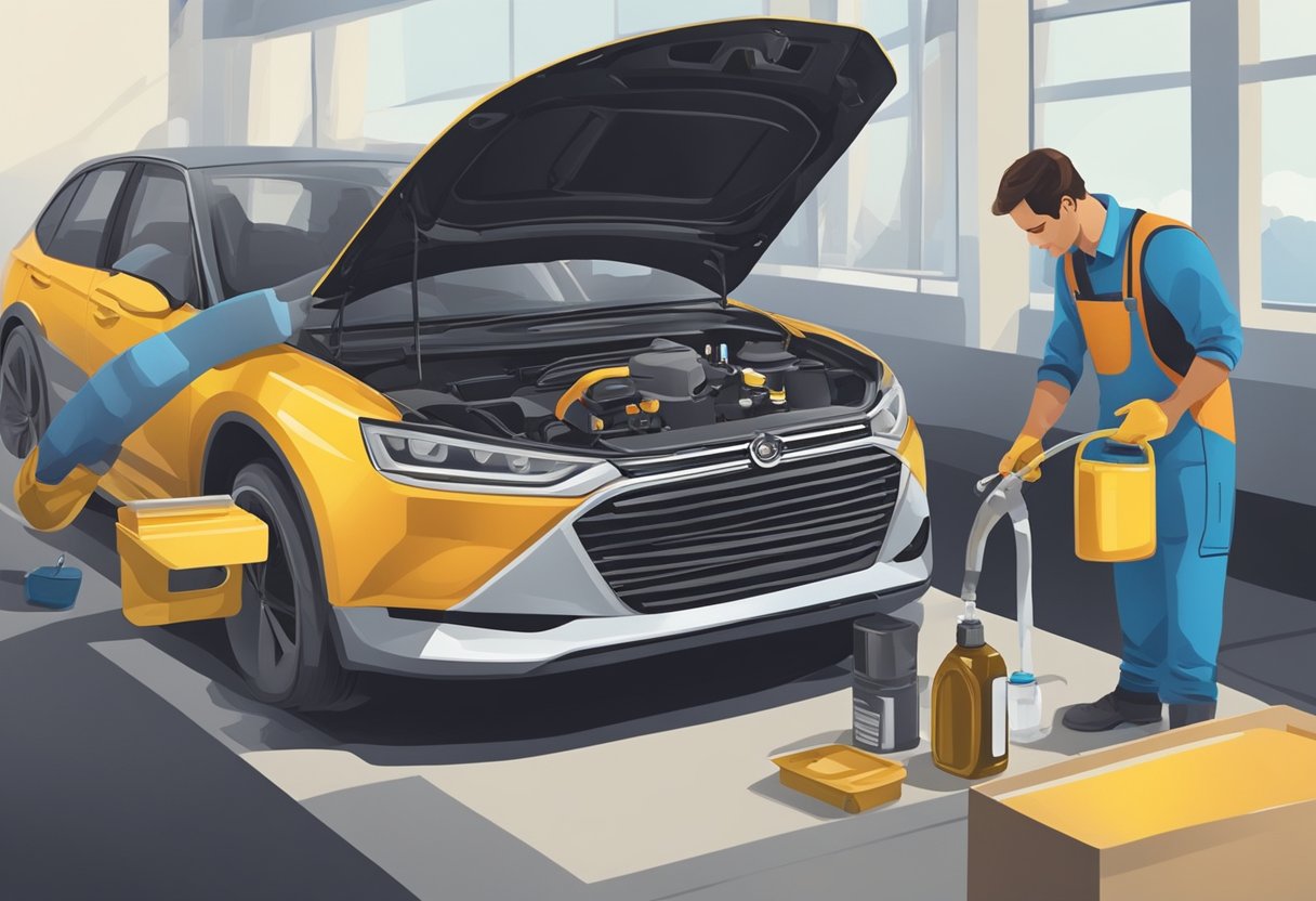 A car parked on a level surface with the hood open. A person is pouring fresh oil into the engine through the oil filler cap. Tools and oil containers are nearby