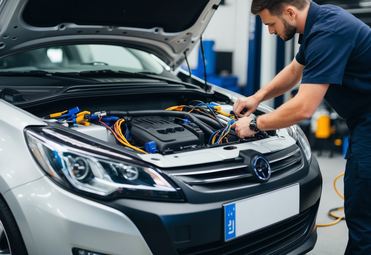 A car with an open hood, wires and connectors visible, surrounded by tools and a person working on the electrical system