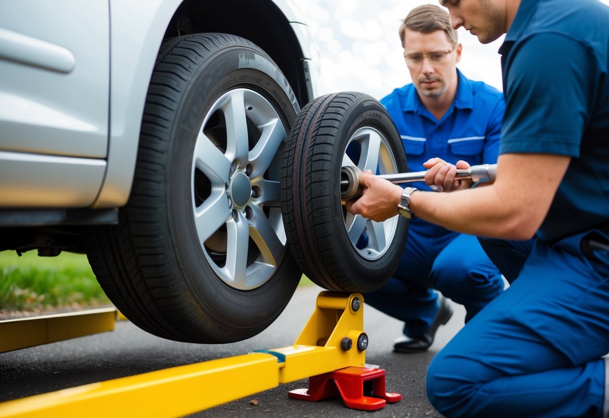 A car with a flat tire being lifted by a jack, while a person uses a lug wrench to remove the wheel. Another person inspects the tire for damage