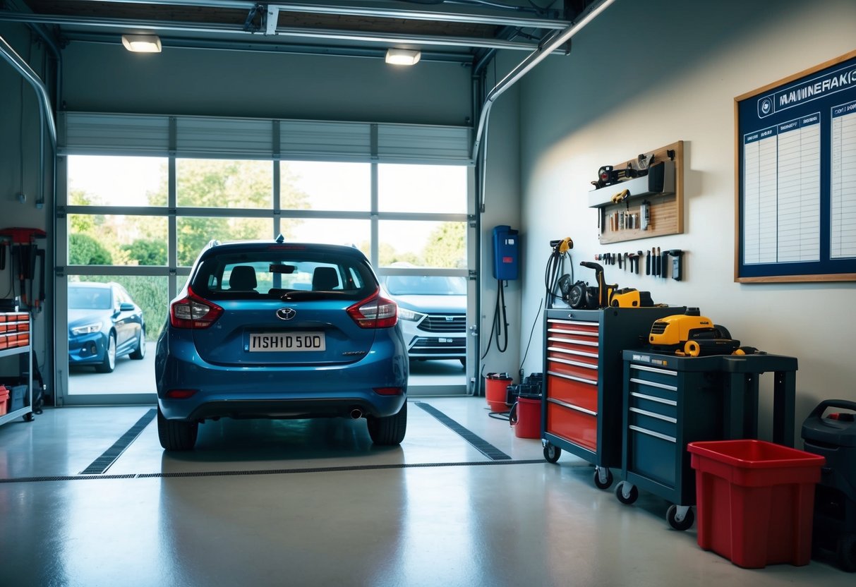 A car parked in a well-lit garage, with tools and maintenance equipment neatly organized nearby. A maintenance schedule and checklist are displayed on a bulletin board