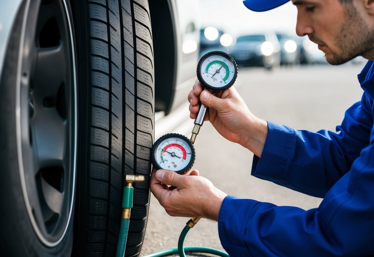 A mechanic inspecting tire tread depth and pressure, while checking for signs of wear and tear. A tire pressure gauge, tread depth gauge, and tire tread wear indicators are visible