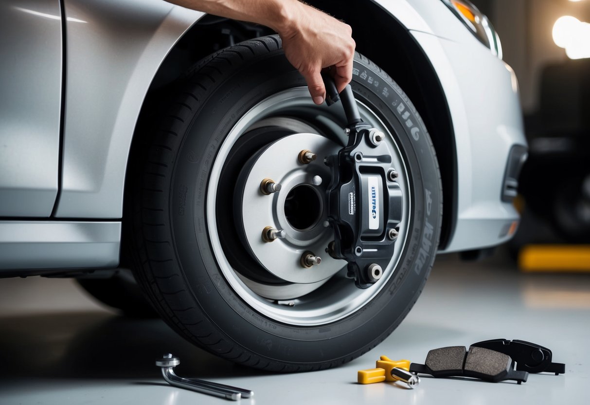 A hand removing a brake caliper from a car wheel, with tools and new brake pads nearby