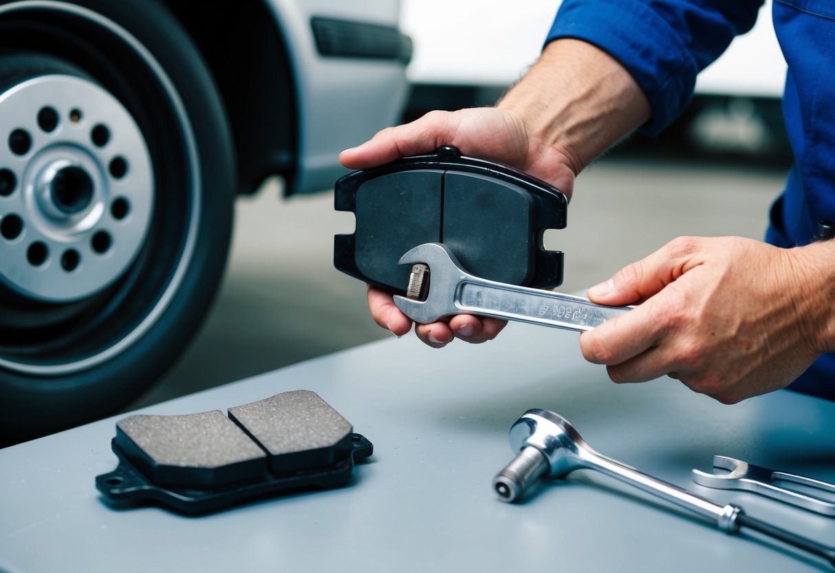 A hand holding a wrench removes a worn brake pad from a car's wheel assembly. Nearby, a new brake pad and tools are laid out on a clean work surface