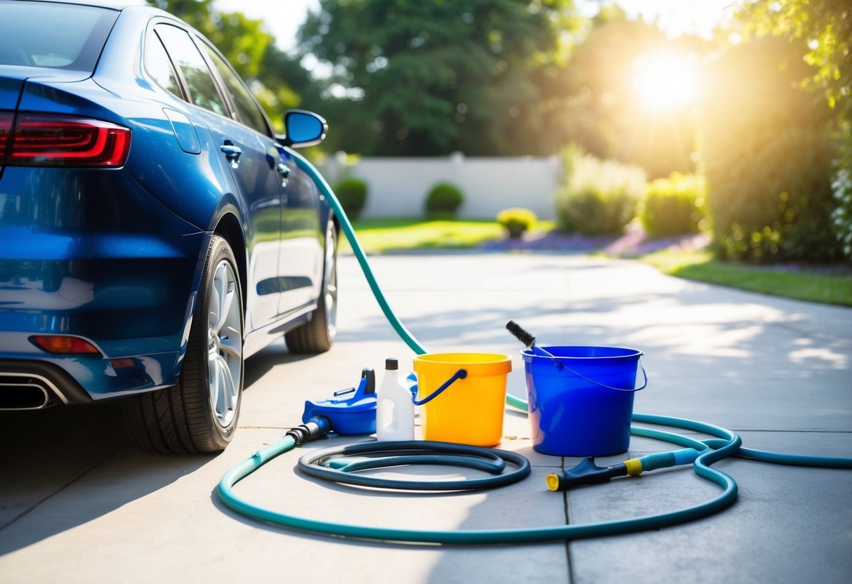 A car parked in a driveway with a hose, bucket, and cleaning supplies nearby. The sun is shining, highlighting the sparkling clean exterior of the vehicle