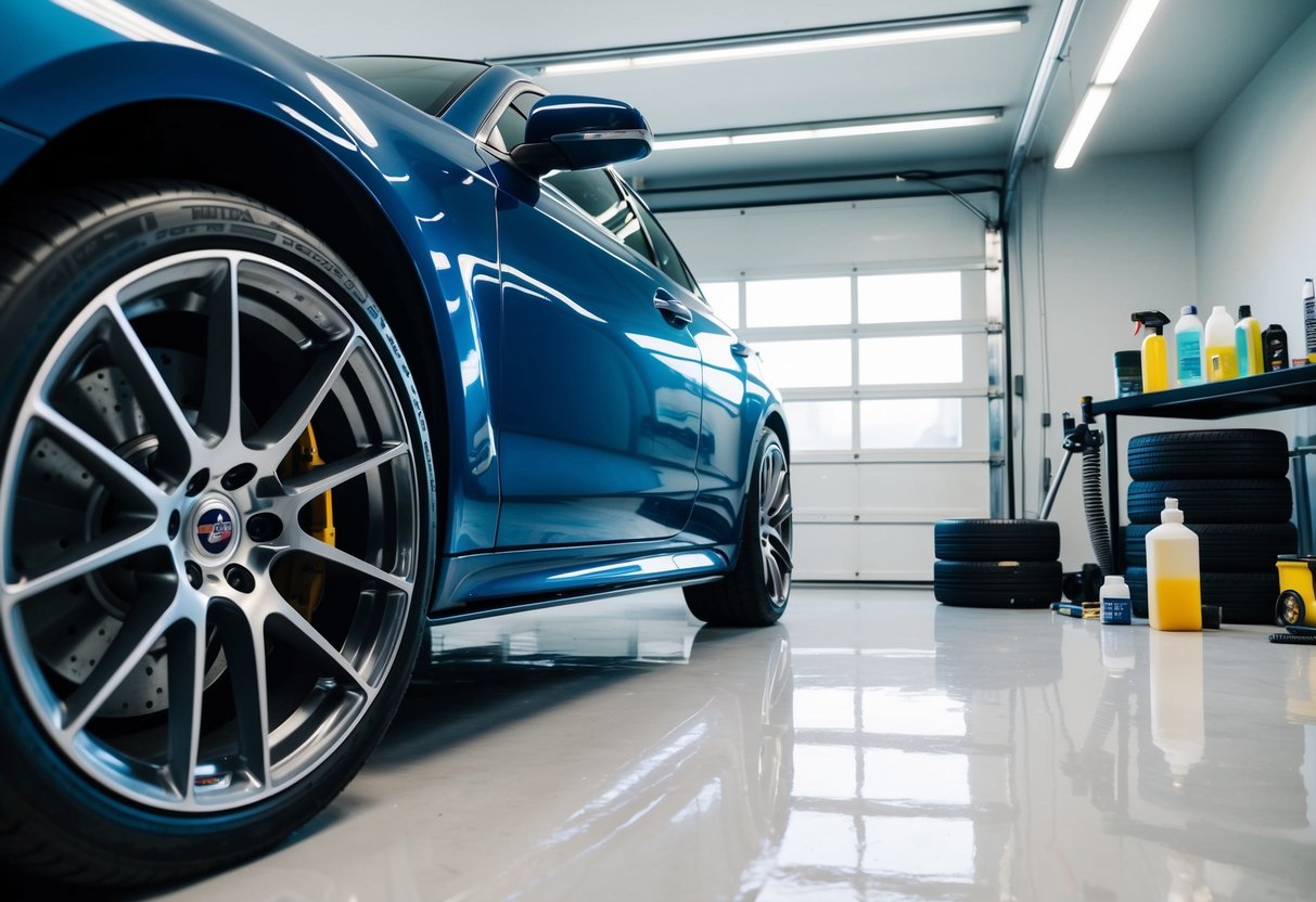 A car parked in a clean, well-lit garage. The wheels and tires are being meticulously cleaned and polished, with various detailing products and tools nearby