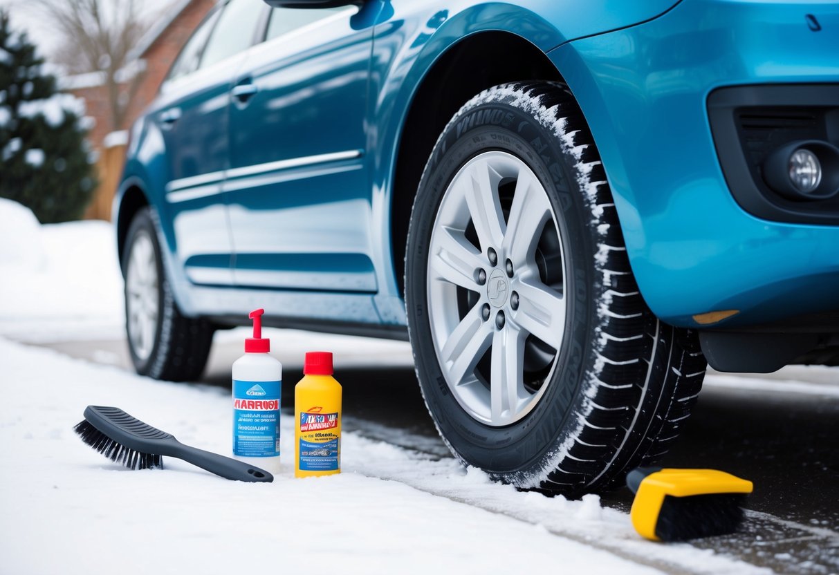 A car parked in a snowy driveway, with the focus on the tires. The tires show clear signs of winter tread maintenance and the vehicle is surrounded by winter car care items such as antifreeze and a snow brush