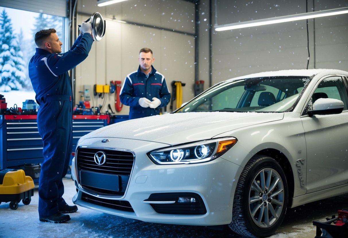 A car parked in a well-lit garage with a mechanic checking the headlights and taillights. Snow is falling outside, and the vehicle is surrounded by tools and equipment for winter car care