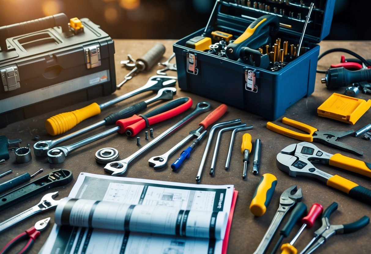 A cluttered workbench with various tools such as wrenches, screwdrivers, and pliers. A toolbox sits nearby, open and overflowing with more tools. A car manual is open on the table