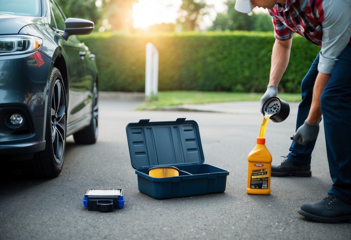 A car parked in a driveway with a toolbox open next to it. A person is installing a new air filter while another person is pouring fuel additive into the gas tank