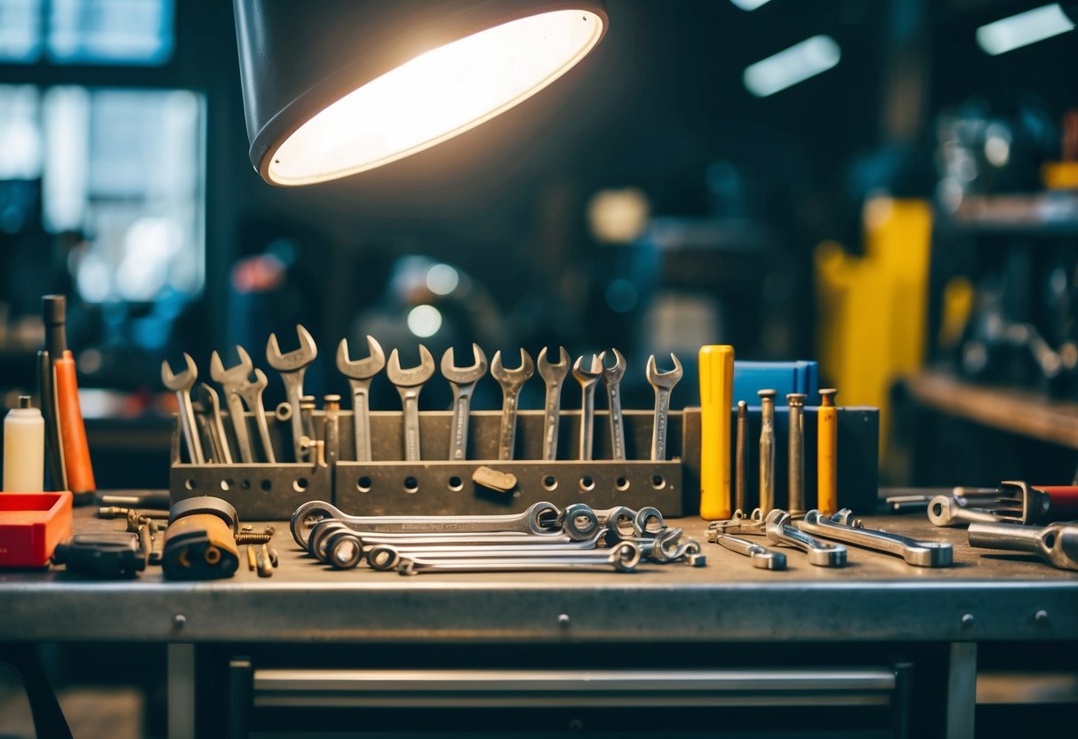 A cluttered workbench with various wrenches and tools neatly organized, a bright overhead light illuminating the scene