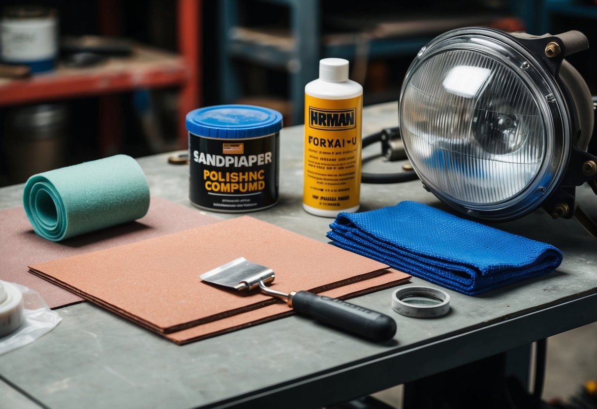 A workbench with sandpaper, polishing compound, and microfiber cloths. A cloudy headlight sits nearby, ready for restoration