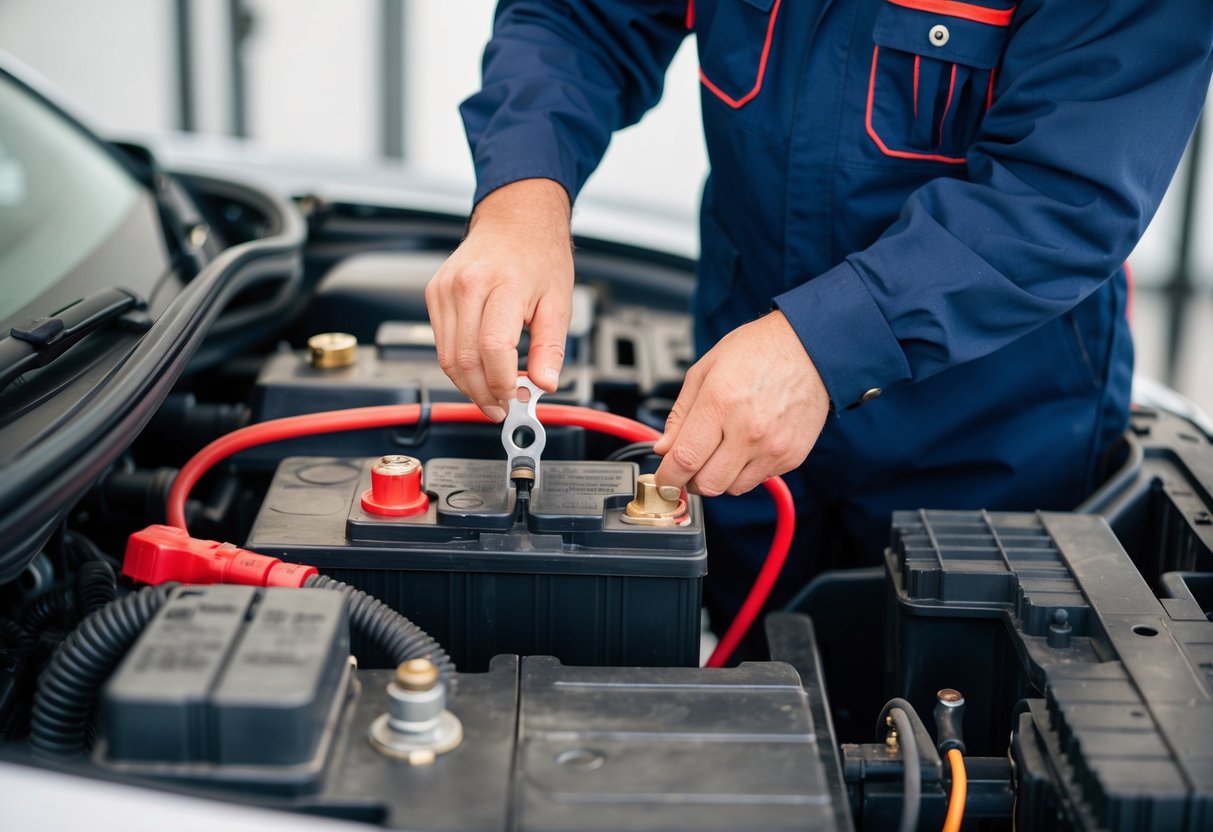 A mechanic inspects a car battery, checking the terminals and connections. They then proceed to install the new battery, securing it in place and connecting the cables