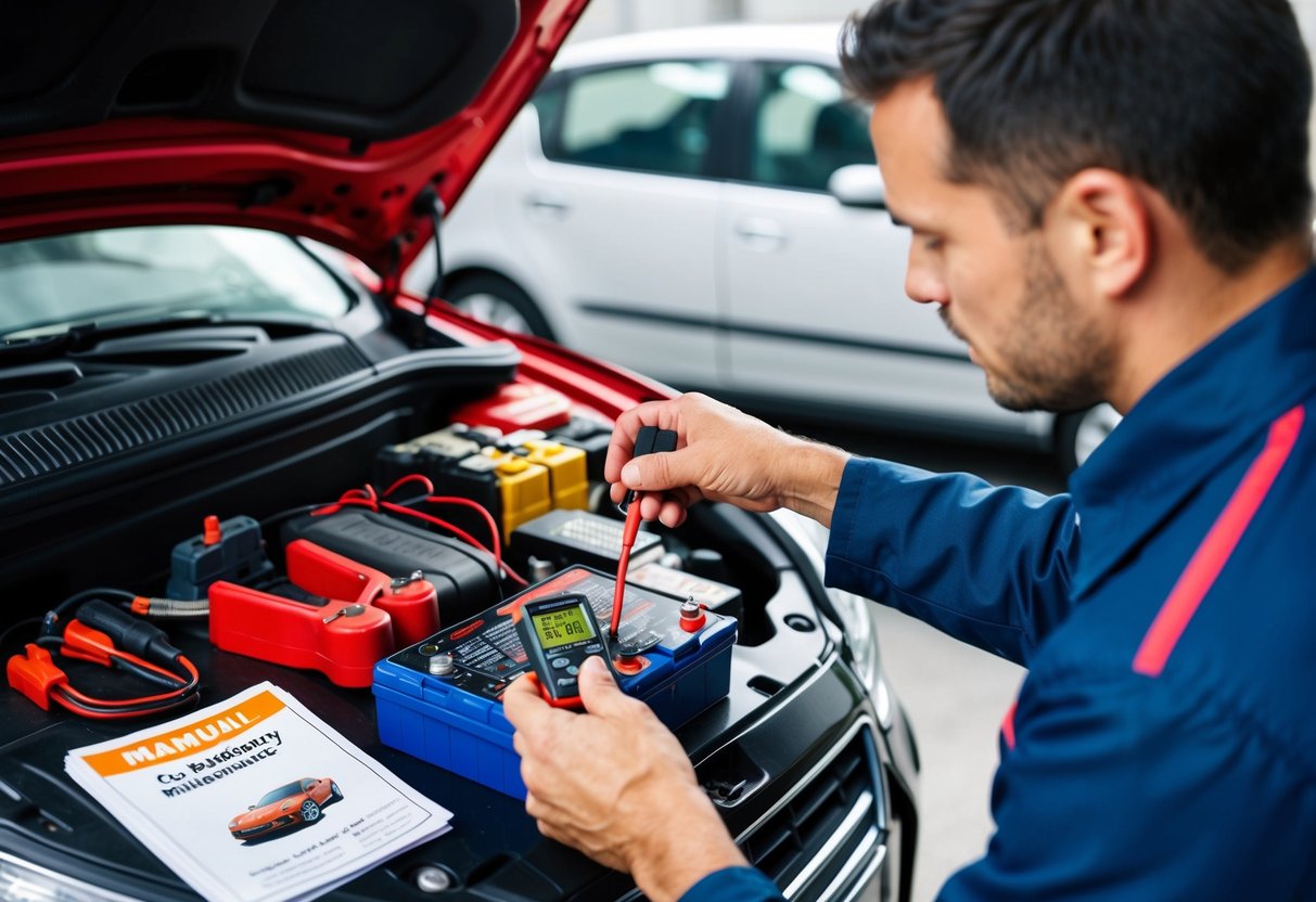 A car with its hood open, a mechanic checking the battery with a multimeter, a pile of tools nearby, and a manual on car battery maintenance