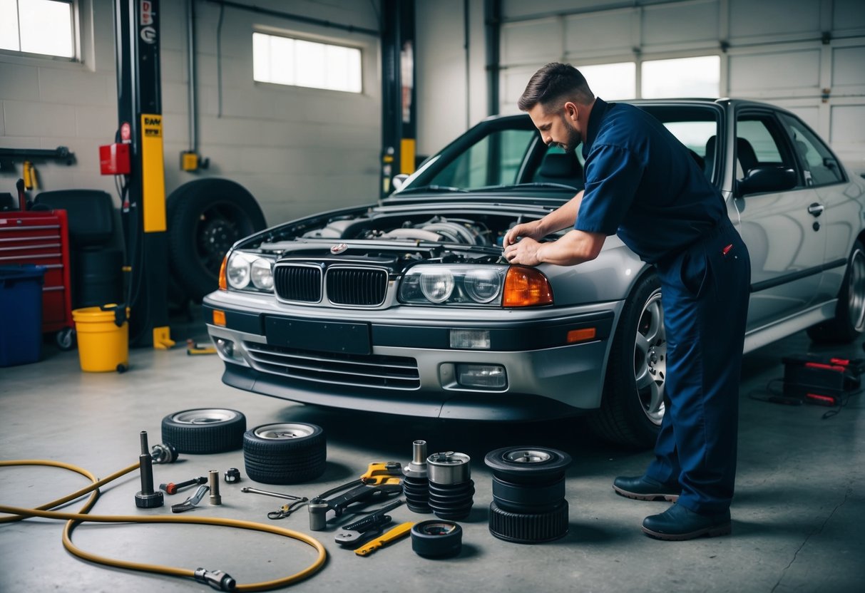 A car parked in a garage, with tools and parts scattered around. A mechanic is adjusting the transmission and drivetrain components to enhance performance