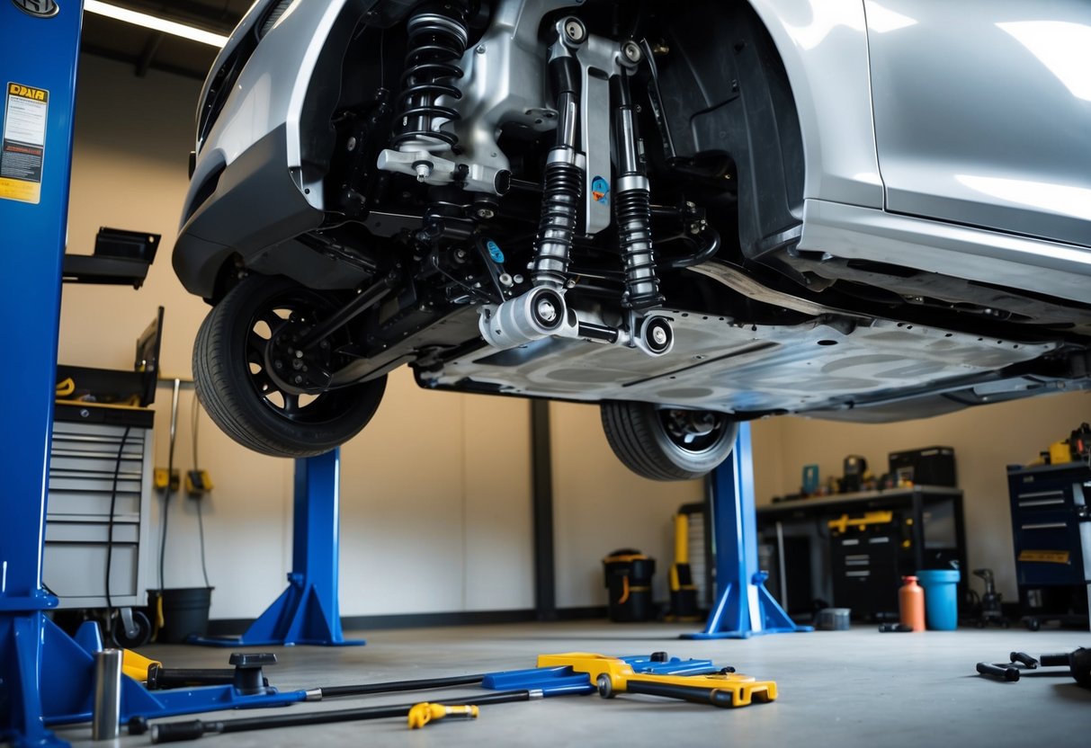 A car lifted on a hydraulic jack, with the chassis exposed and suspension components being upgraded. Tools and parts scattered around the workspace