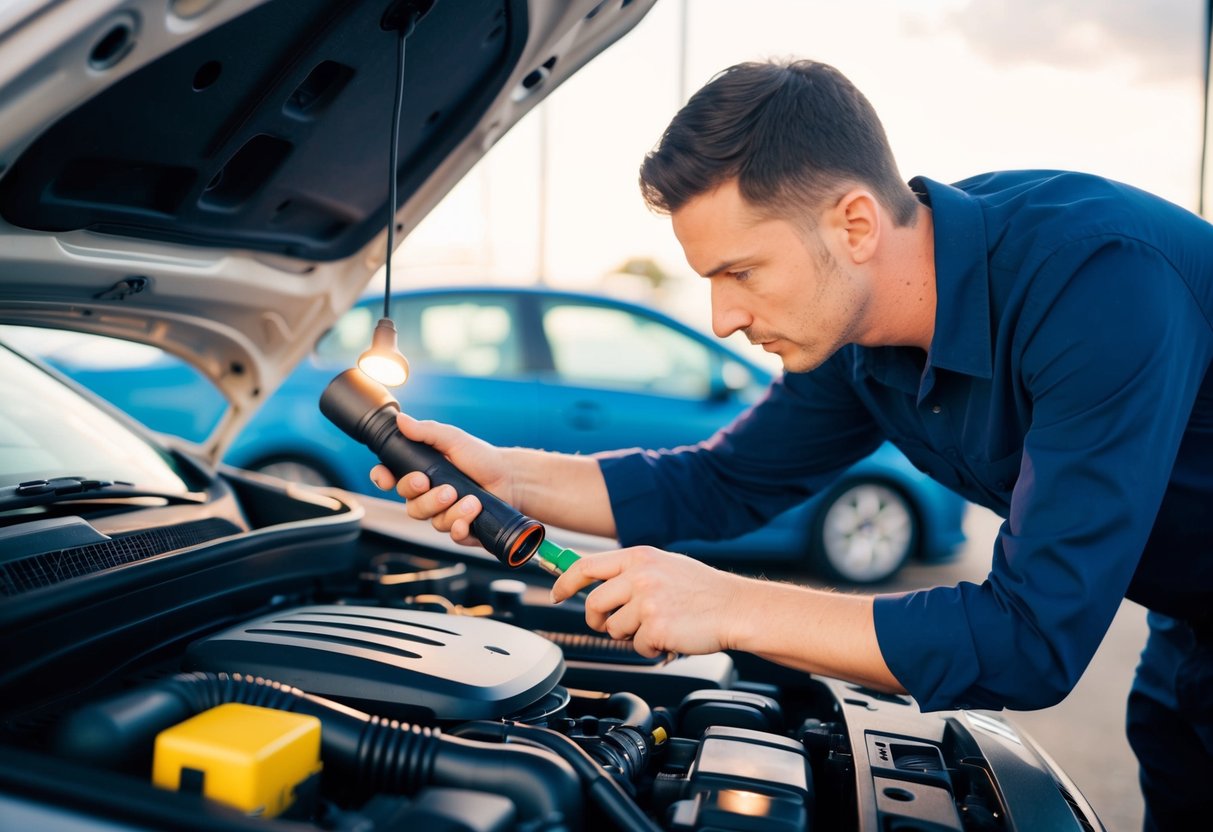 A person opens the hood of a car and checks the engine with a flashlight. They inspect the various components and use a diagnostic tool to troubleshoot the issue