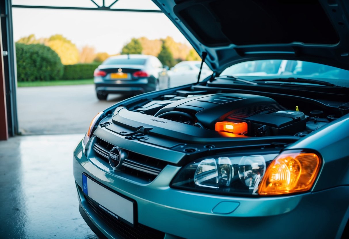 A car parked in a garage with the hood open, showing the engine and a glowing check engine light on the dashboard