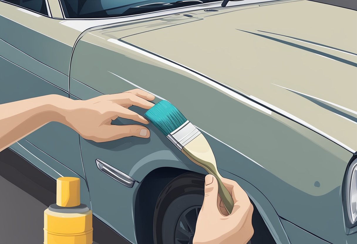 A hand holding a paintbrush applies primer and paint to a car's scratched surface, with sandpaper and a repair kit nearby