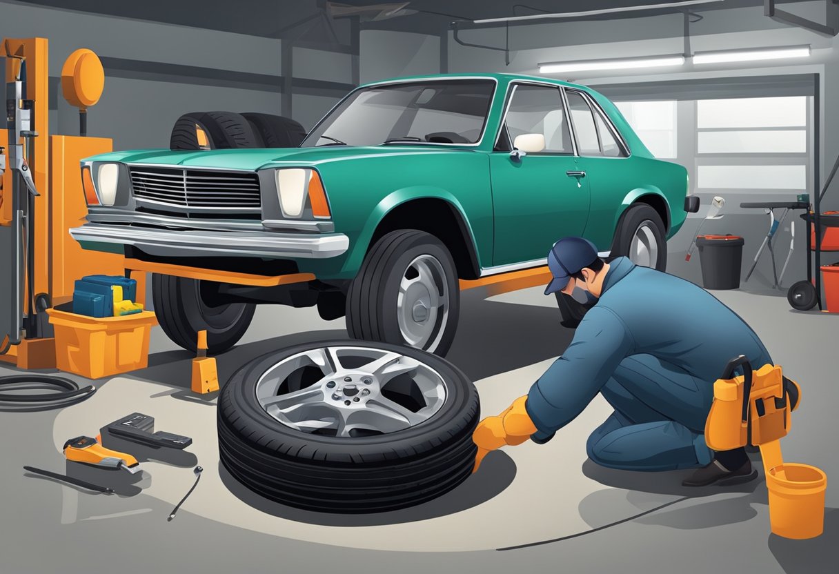 A car parked in a garage with a mechanic's tools and equipment scattered around. A tire is being removed from the car, while another tire is being aligned using a wheel alignment tool