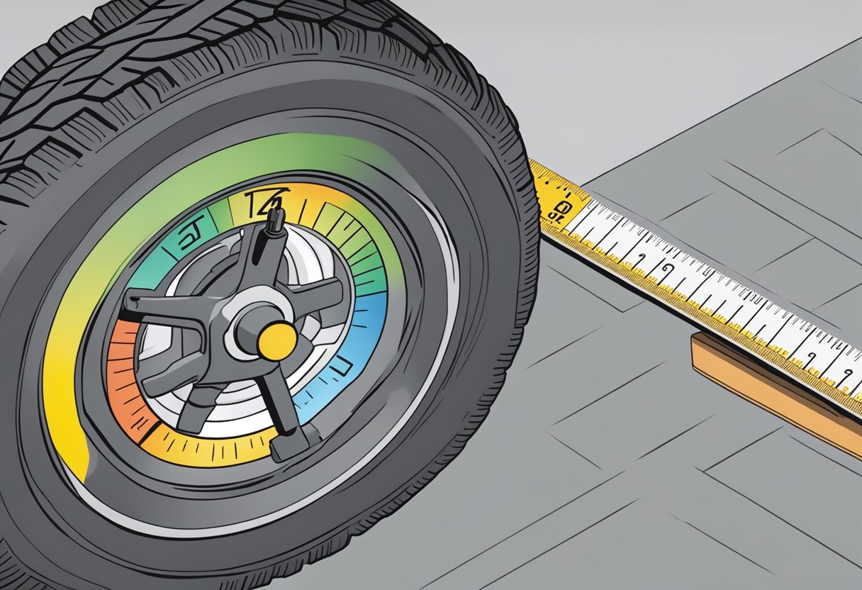 A hand-held tread depth gauge hovers over a tire's grooves, while a ruler measures the depth. A tire pressure gauge sits nearby