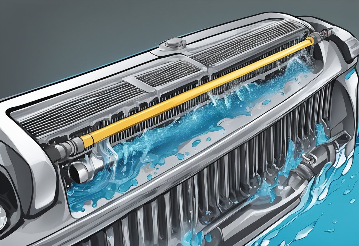 A car radiator being flushed with water and coolant, releasing air bubbles and debris. The process involves removing the radiator cap, draining the old coolant, refilling with water and coolant, and bleeding the system