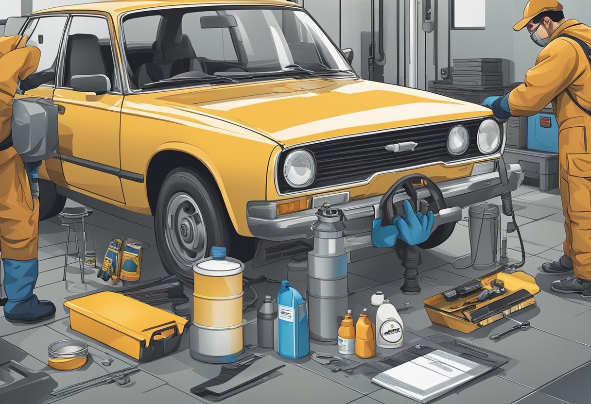 A person changing oil in a car, with tools and supplies laid out neatly on the floor. The car is elevated on a jack, and the person is wearing protective gloves