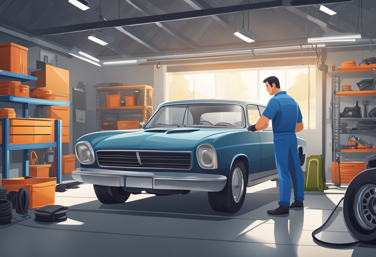 A car parked in a clean, well-lit garage. Tools and car parts neatly organized on shelves. A professional mechanic working on the engine with precision