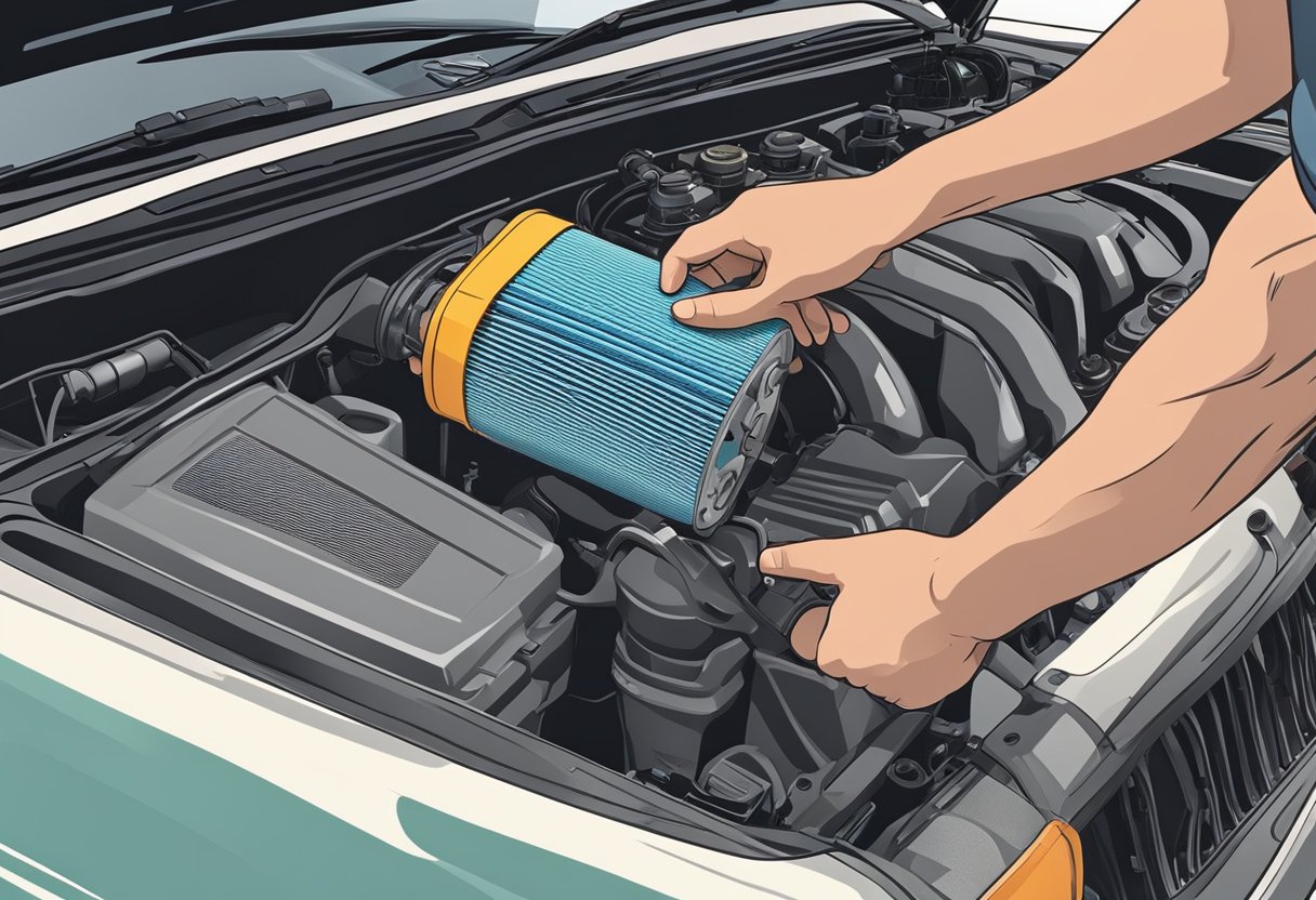 A hand reaches into the engine compartment of a car, pulling out the air filter housing. Tools and a new air filter are nearby