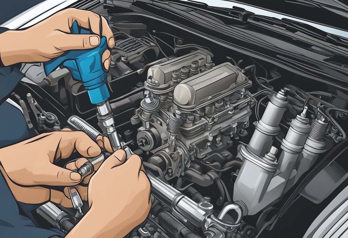 A hand reaches into the engine compartment, removing old spark plugs and installing new ones with a wrench and spark plug socket