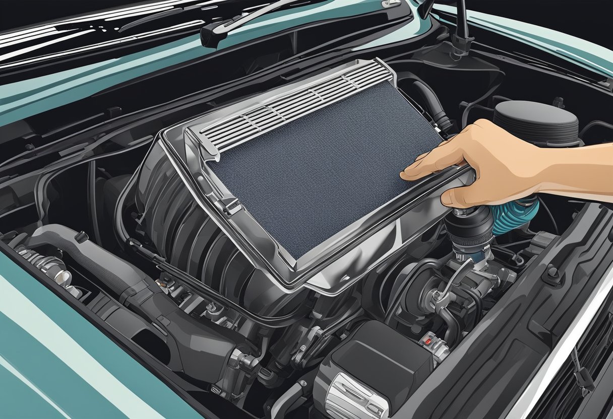 A hand reaches into the engine compartment, removing an old air filter. A new filter sits nearby, ready to be installed. Tools and the open hood of a car complete the scene