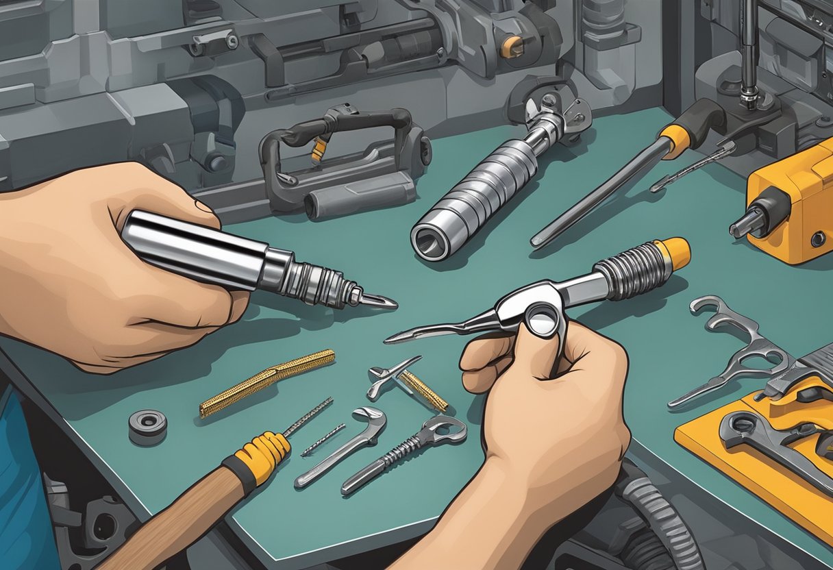 A hand reaching for a spark plug, a gap tool nearby, and a wrench on a workbench