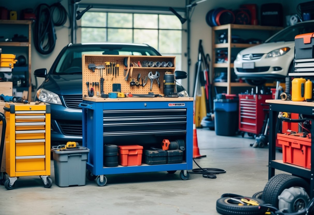 A cluttered garage with a workbench, tool chest, shelves of car parts, and various tools and accessories scattered around. A car is parked in the background