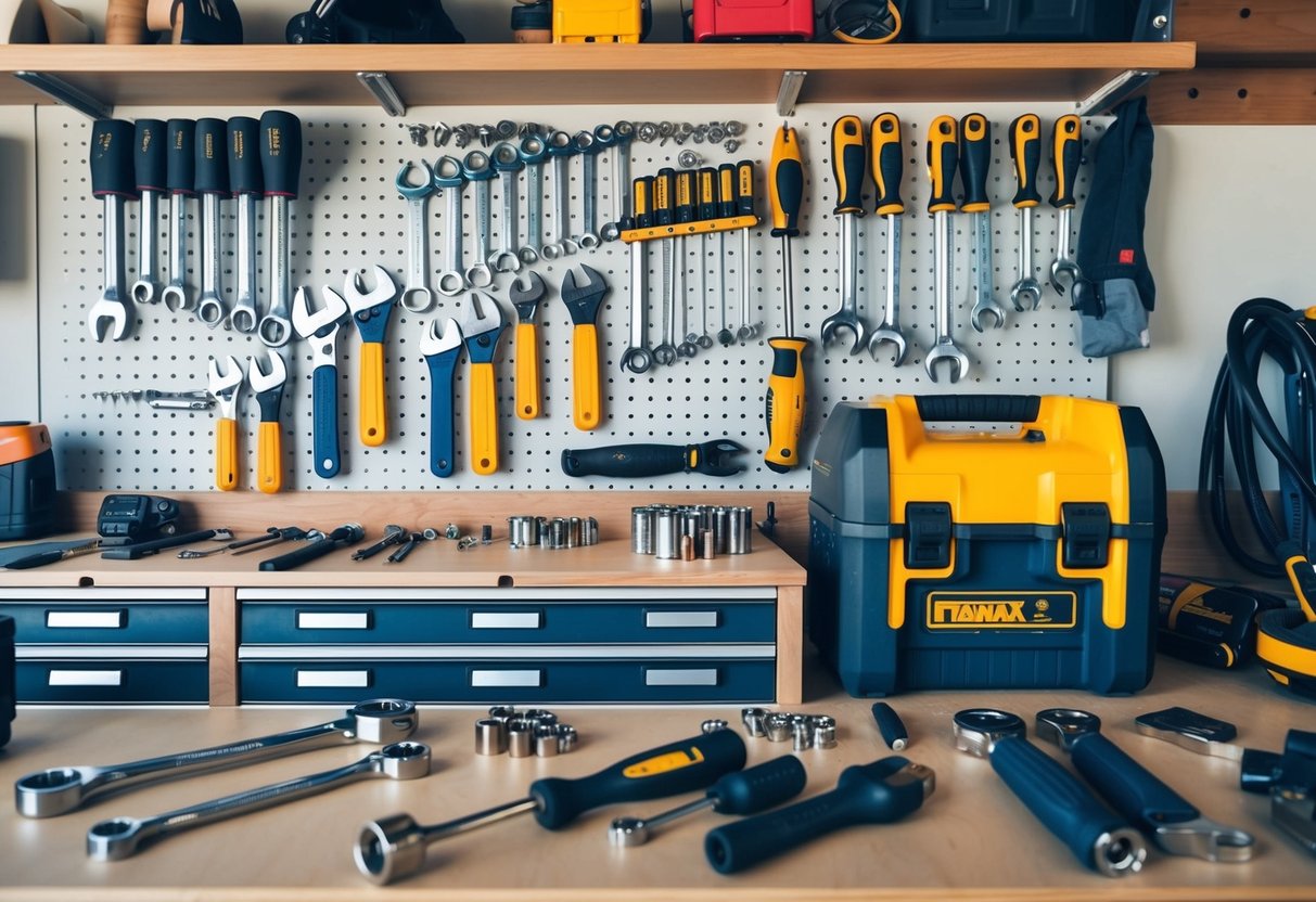 A well-organized workbench with an array of specialized tools, including wrenches, sockets, screwdrivers, and power tools, neatly arranged on a pegboard and tool chest