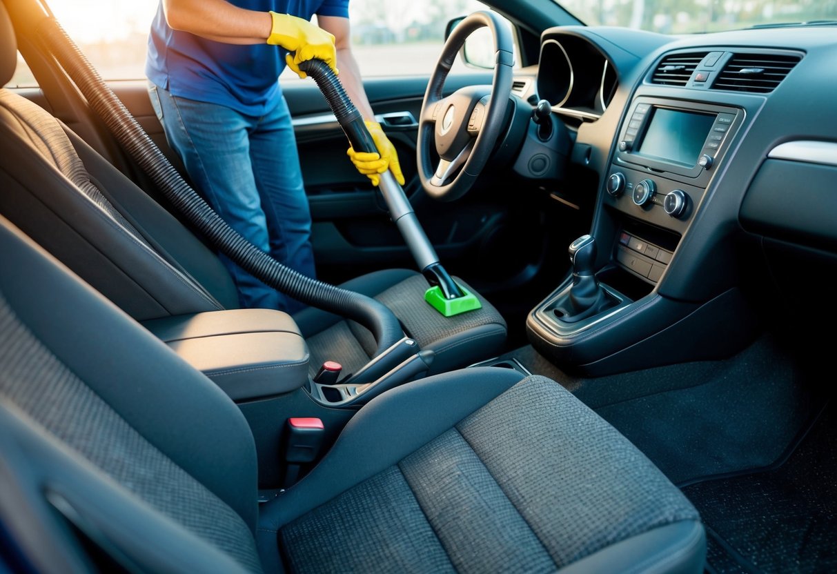 A person cleaning a car interior, using a vacuum and cleaning products on the carpet and floor mats