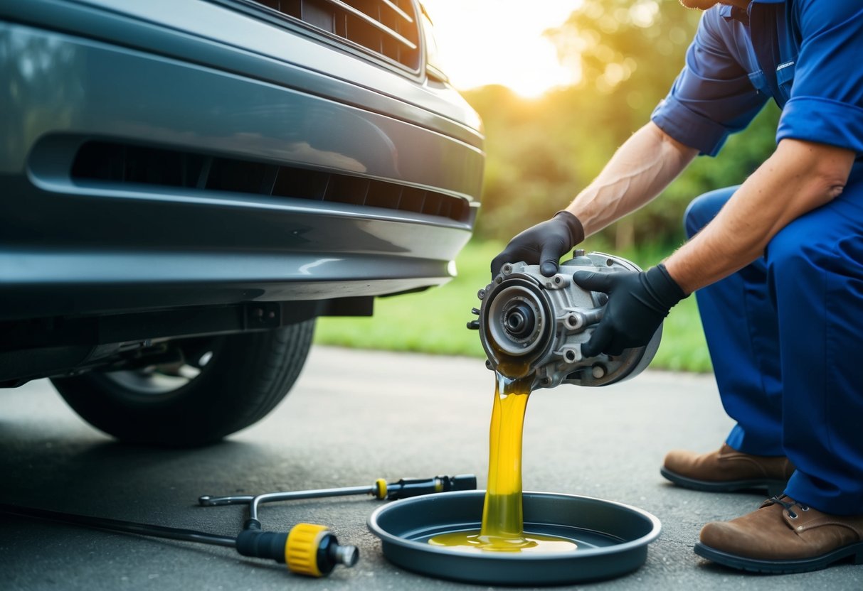 A person draining old transmission fluid from a car's automatic transmission, with a drain pan underneath and tools nearby