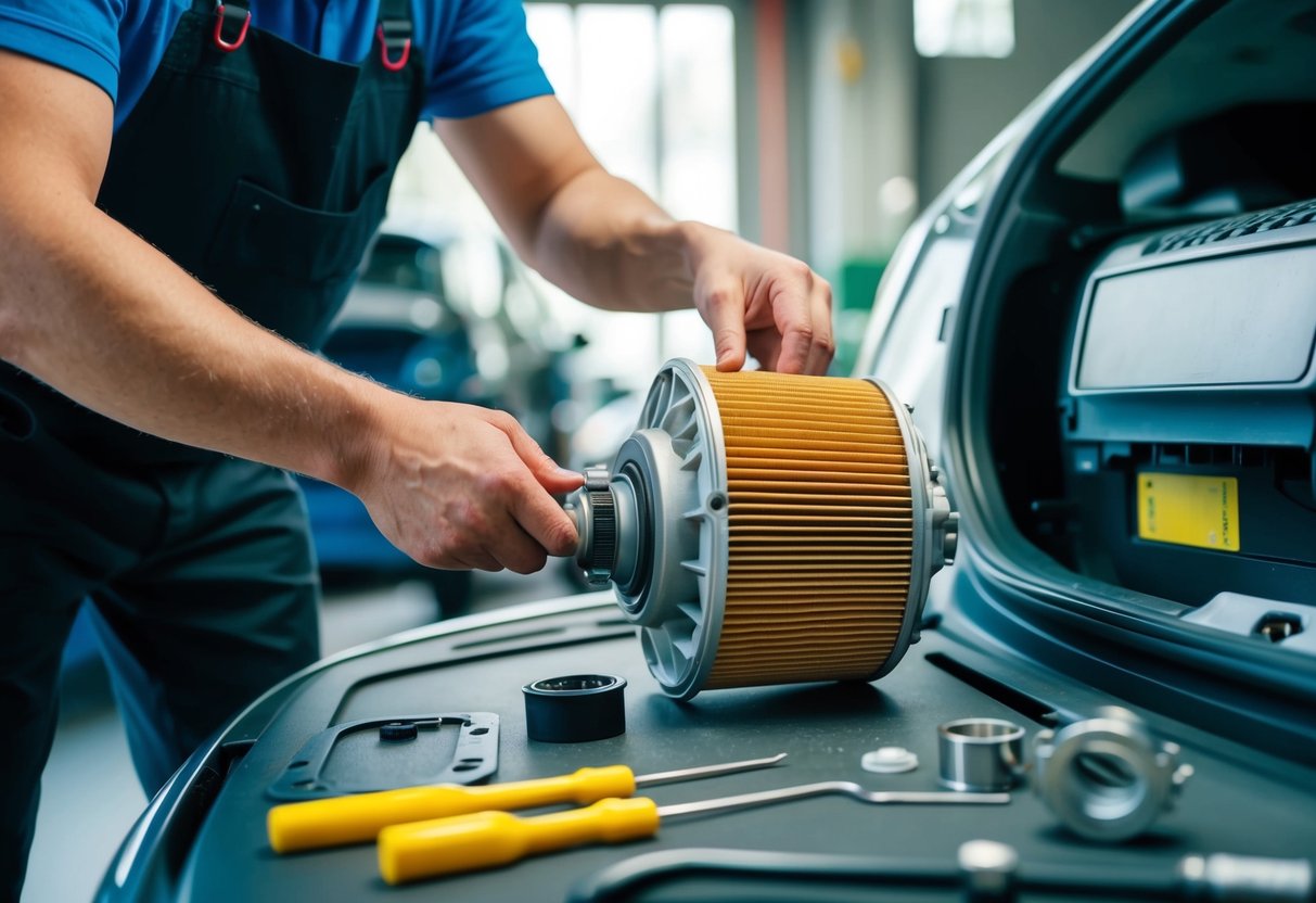 A person replacing the filter and gasket of a car's automatic transmission, with tools and new parts laid out nearby