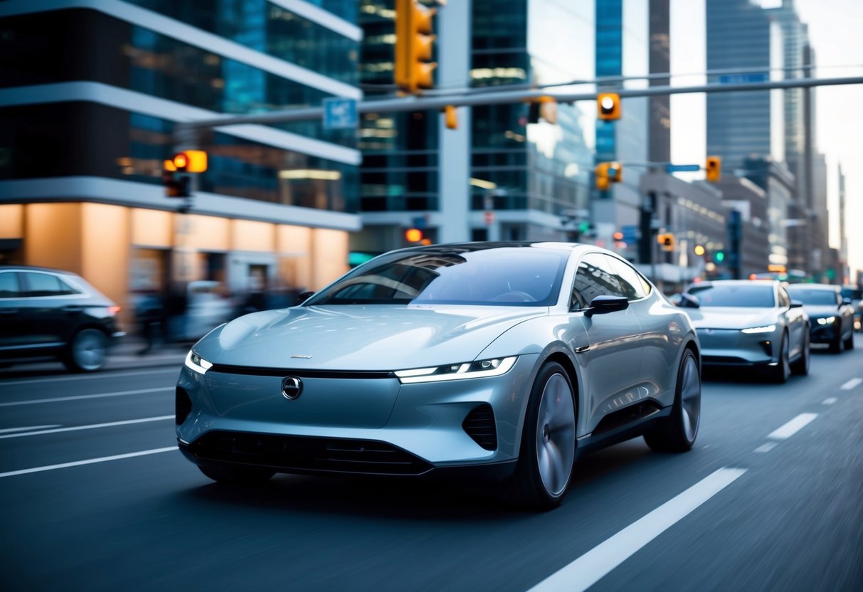 A sleek, futuristic car navigates through a bustling city, seamlessly communicating with traffic signals and other vehicles. Its exterior is adorned with advanced sensors and sleek, aerodynamic design