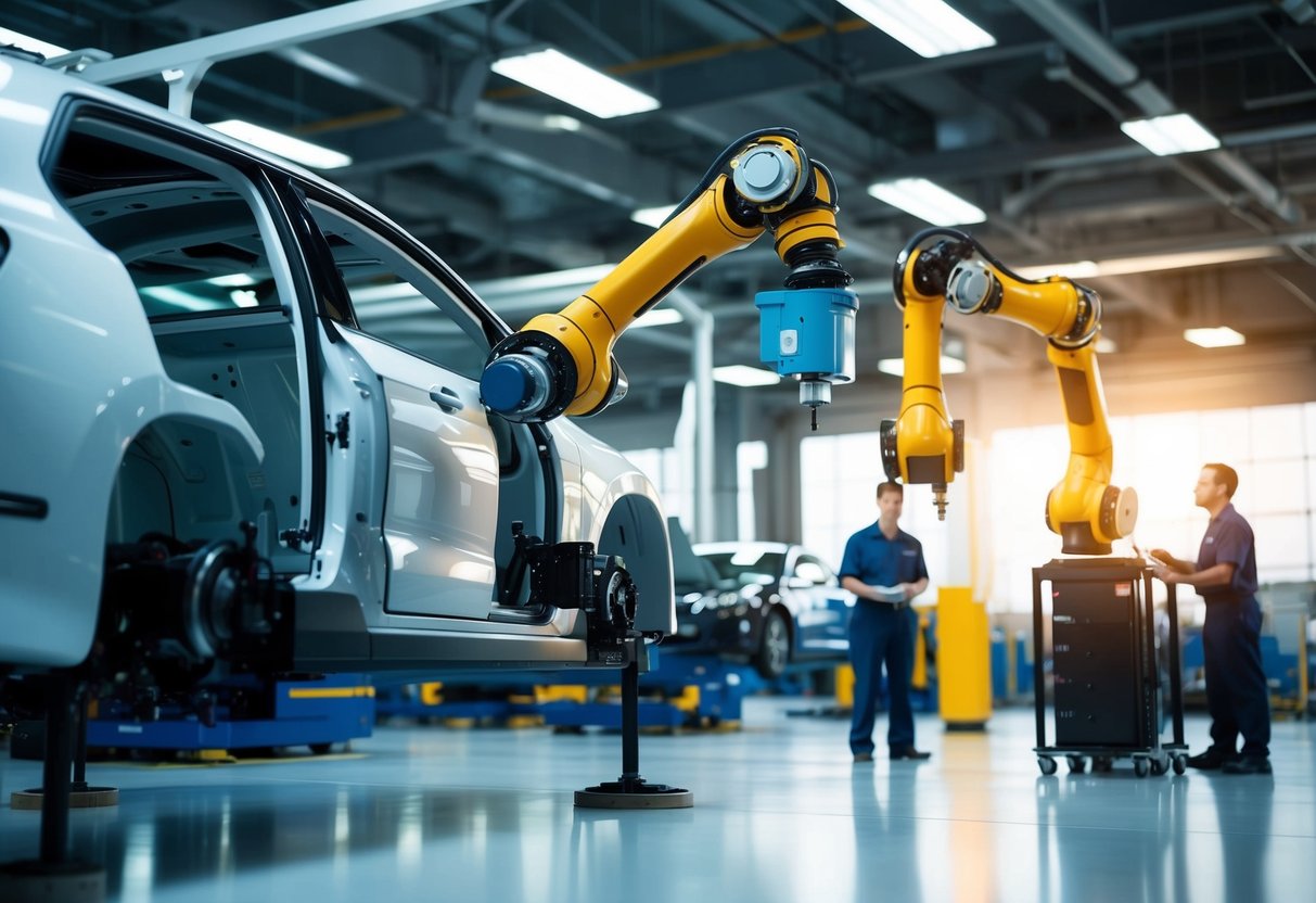 Robotic arms assembling car parts on a futuristic factory floor. Advanced machinery and technology fill the space, with engineers monitoring the process