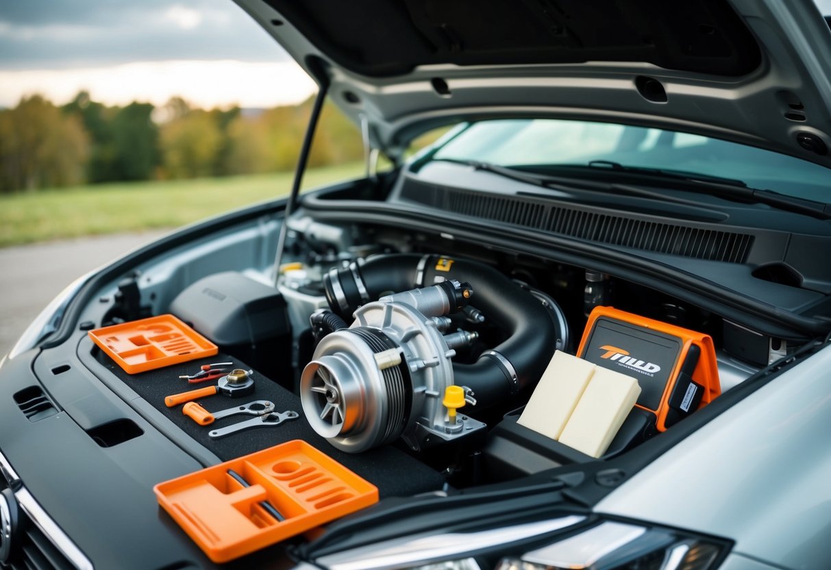 A car hood open with tools and a turbocharger kit laid out for installation