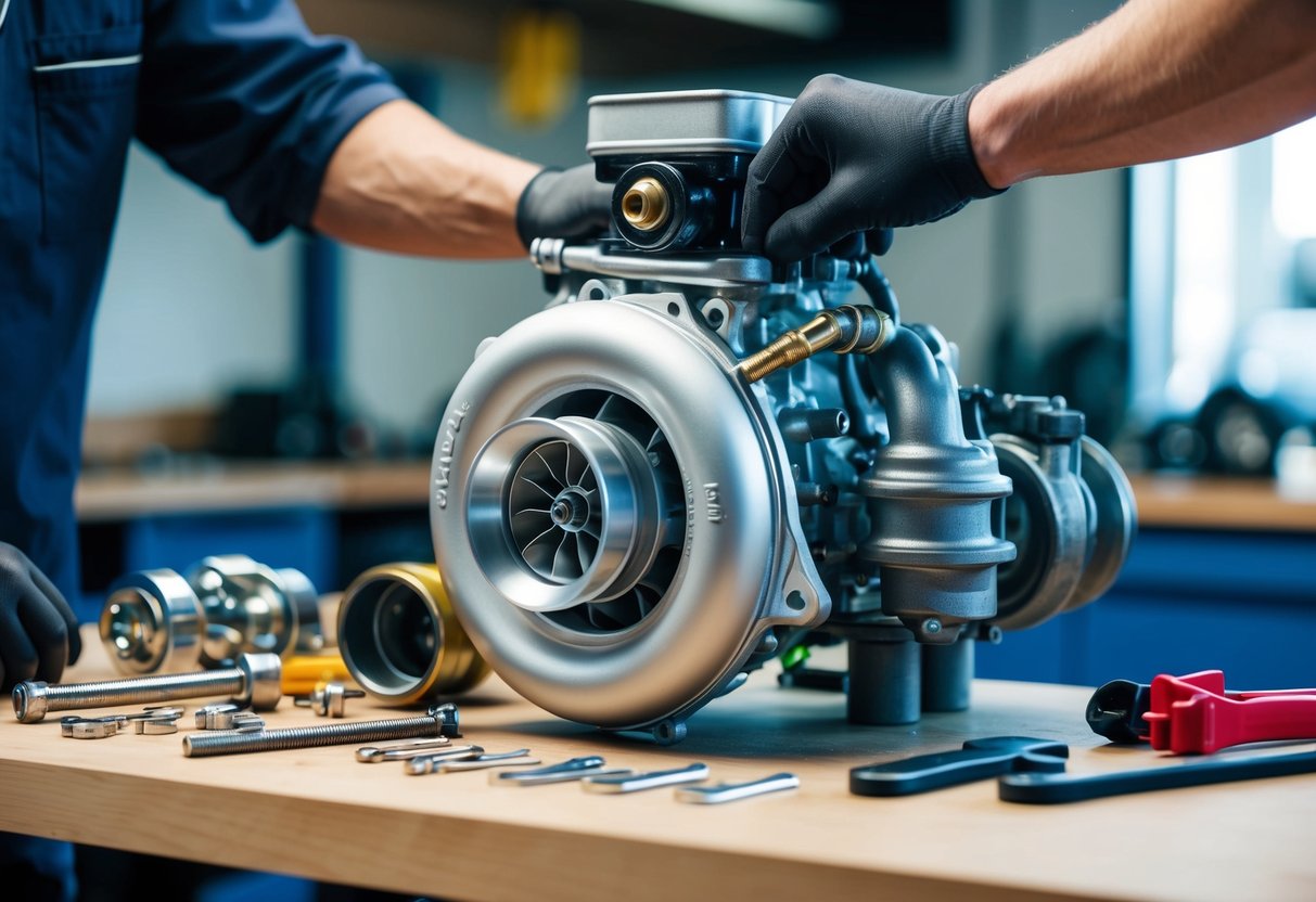 A turbocharger being installed onto a car engine, with tools and parts laid out neatly on a clean workbench