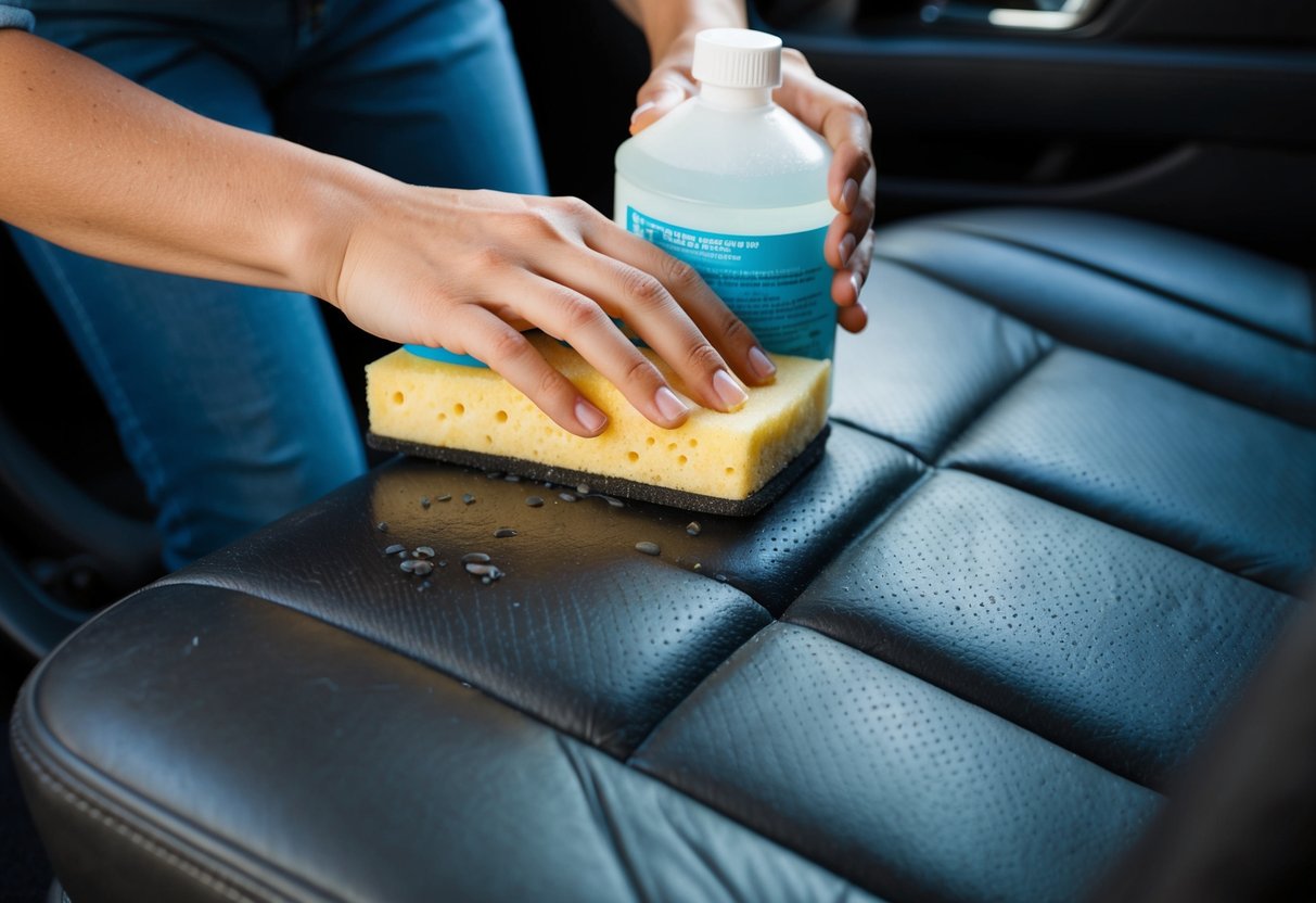 A person using a sponge and cleaning solution to gently scrub the surface of a worn leather car seat, removing dirt and grime