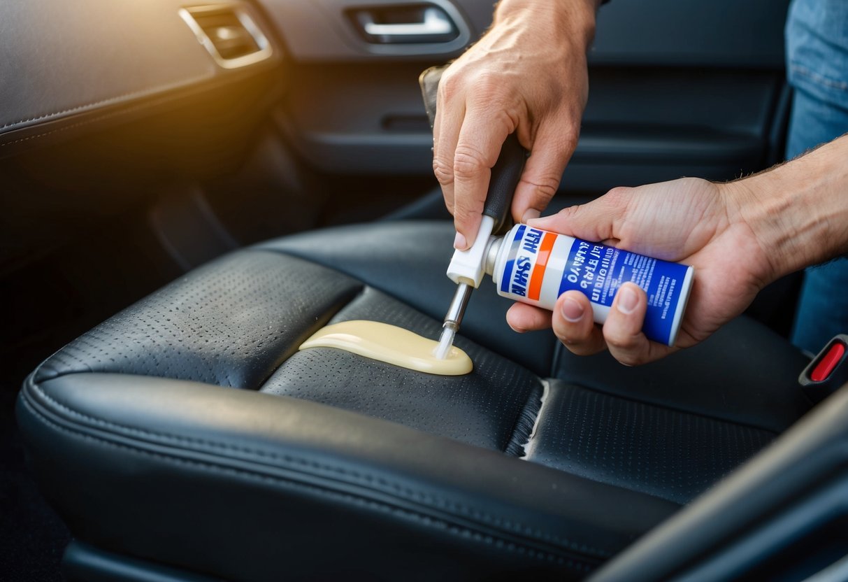 A person uses leather repair kit on a torn car seat, applying adhesive and smoothing out the damaged area with a tool