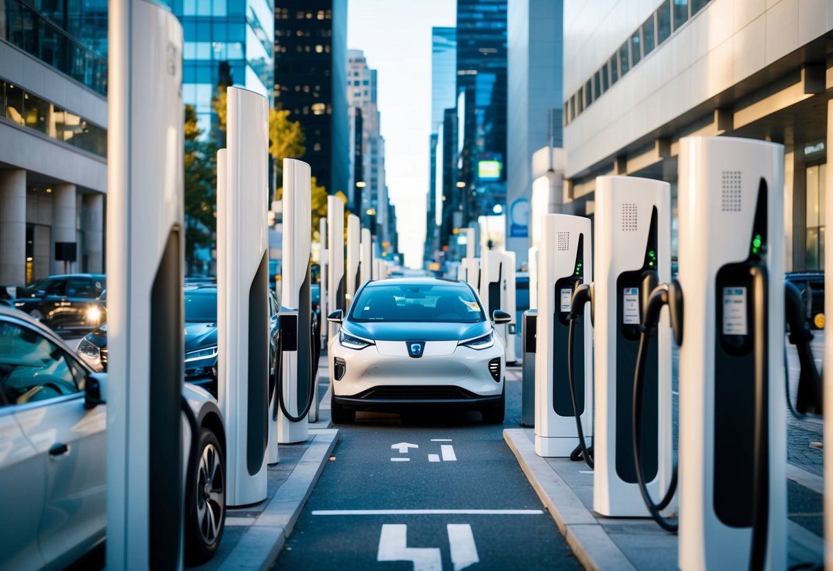 A bustling city street with sleek electric vehicles charging at modern charging stations, surrounded by futuristic infrastructure and cutting-edge technology