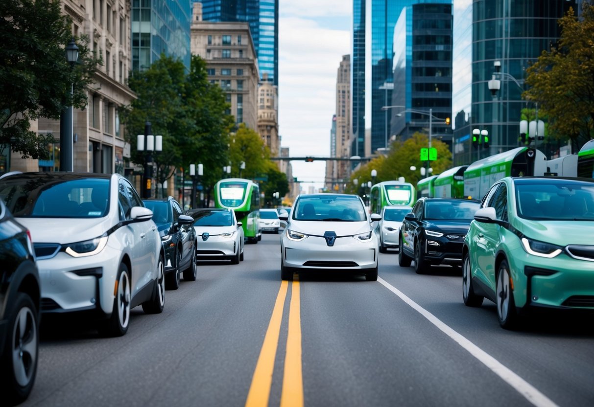 A bustling city street with sleek electric vehicles zipping by, surrounded by green infrastructure and renewable energy sources